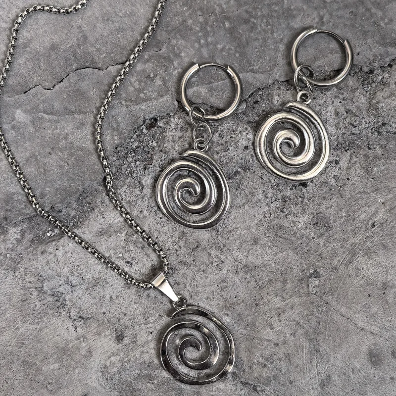 2 pieces of punk spiral jewelry set, retro spiral pendant necklace, hanging ring earrings, silver box chain jewelry