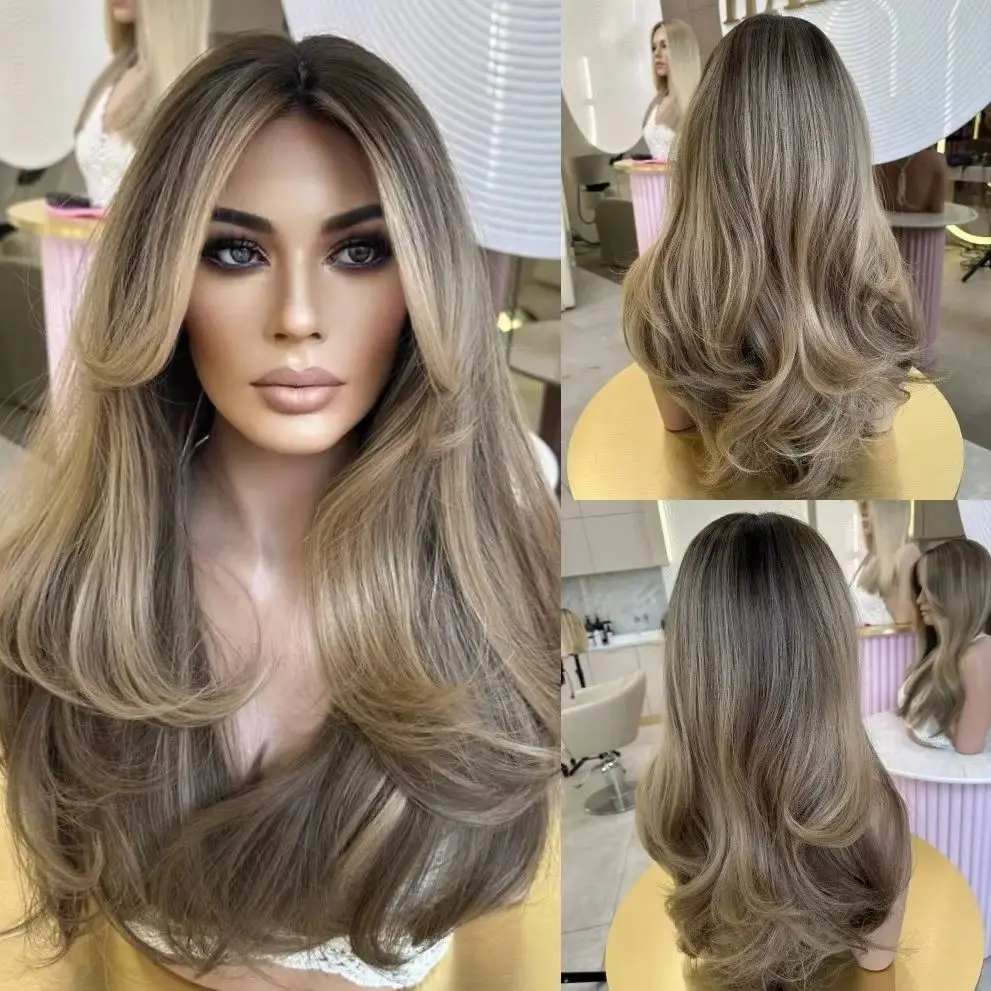 13x4 Swiss Lace Ombre Brown Blonde Synthetic HD Lace Front Wig Heat Resistant Small Large Size Cap Natural Looking Wig Daily Use