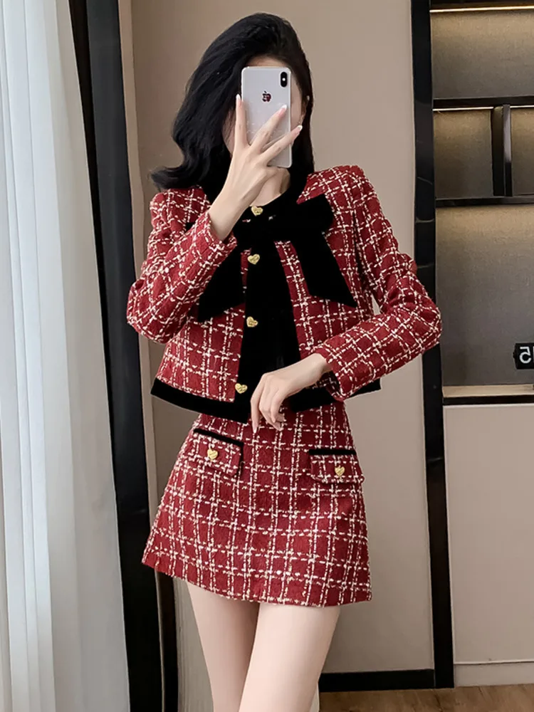 High Quality Christmas Tweed Skirt Two Piece Set Women Sweet Chic Bow Short Jacket Coat + Mini Skirt Suits Elegant 2 Piece Set