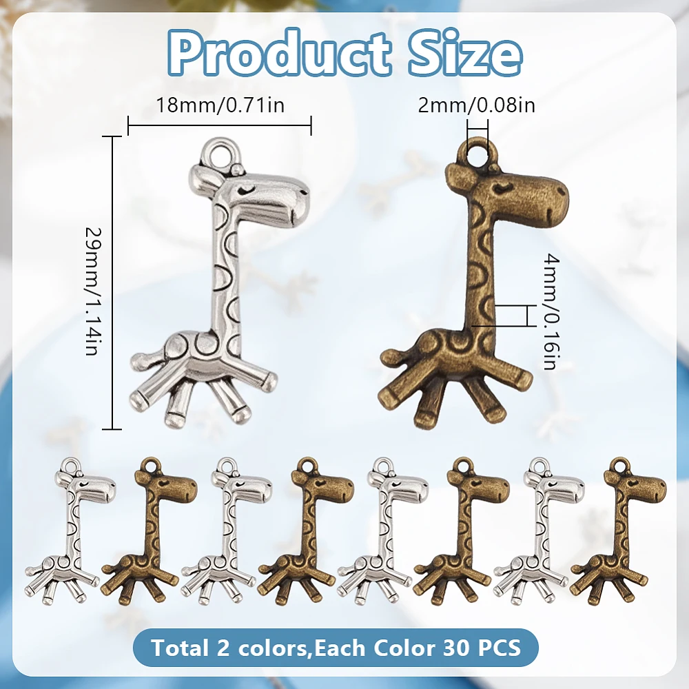 60 Pcs Alloy Giraffe Pendant 2 Colors Animal Theam Metal Pendants Lovely Giraffe Dangle Charms Silver Gold Hang Ornament