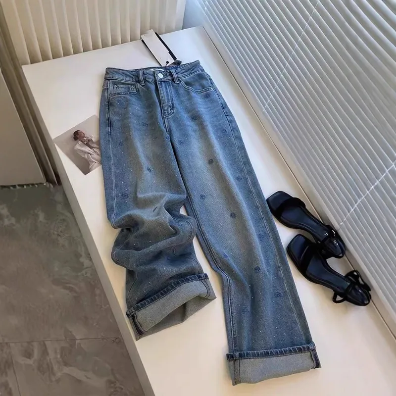 

Women Straight Jeans Wide Leg Trousers Full Length Jean High Waist Leisure Fashion Washed Embroidery Pockets Zipper Casual