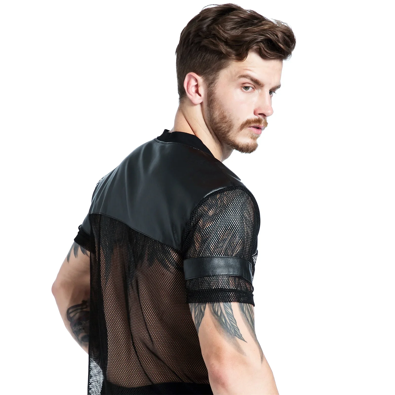 Sexy Men Fishnet T-Shirt PU Faux Leather Mesh Shirts See Through Tops Tee Transparent Short Sleeve Stage Clubwear