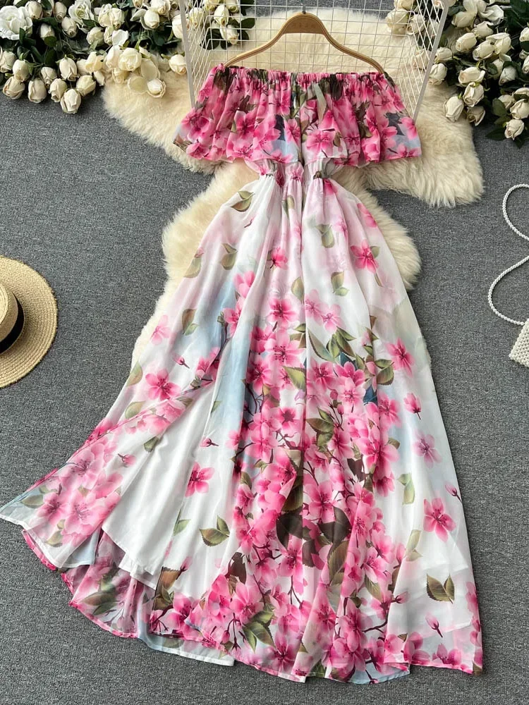 

Summer Ruffled Word-neck Printed Chiffon Dress Women's Vacation Waist Strapless Beach Slit Long Dresses Women Y011