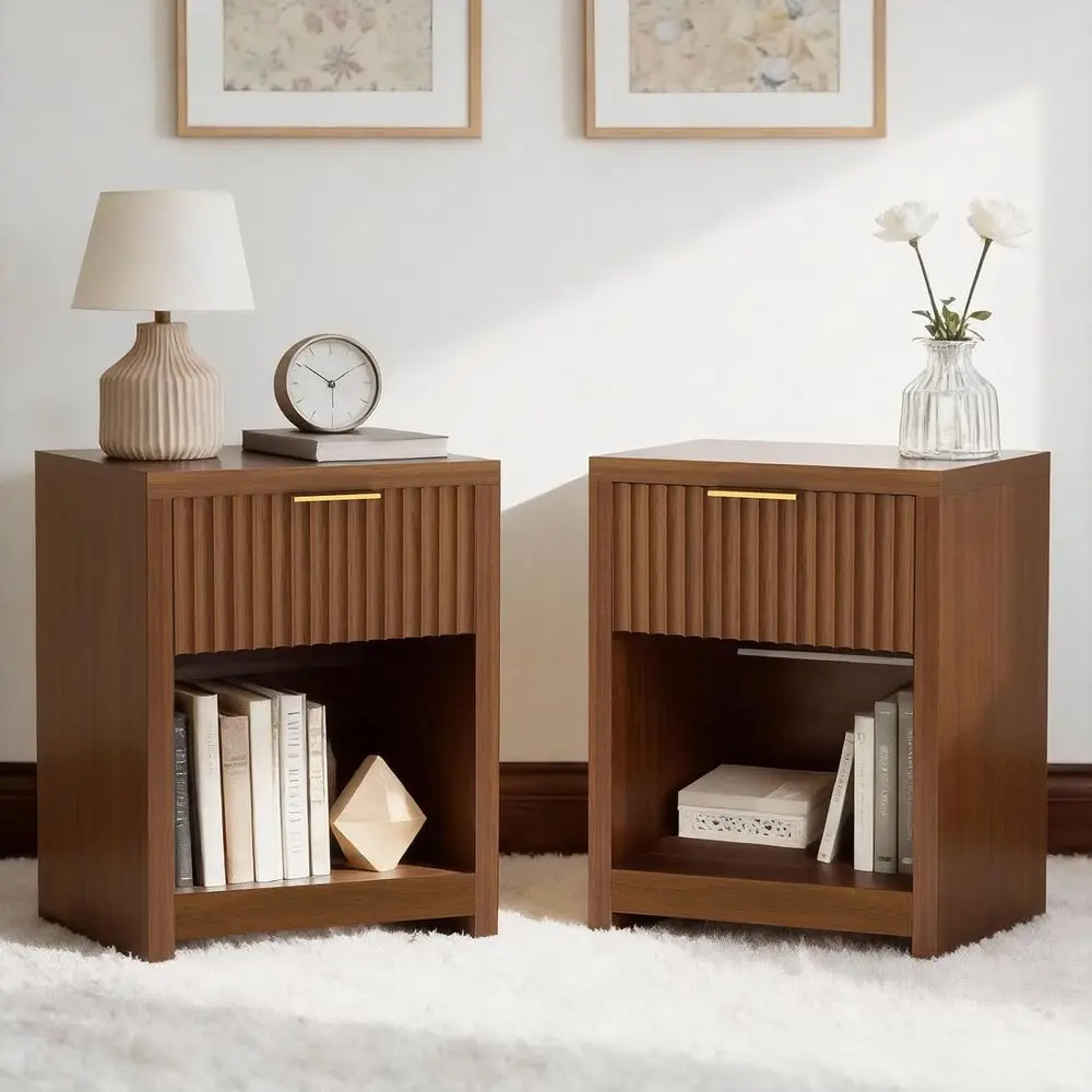 

Mid-Century Walnut Nightstands Pair, Wooden Bedside Tables with Drawer Storage for Living Room, Bedroom, or Home Office