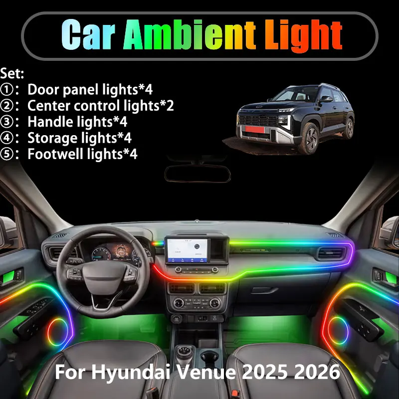 

For Hyundai Venue 2025 2026 QU2 MK2 2/18 in 1 Car ambient lighting Led trunk interior led lights USB RGB Ensemble Streamer Parts