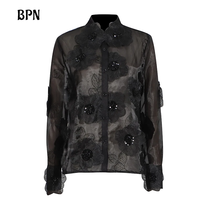 BPN Patchwork Fioral Loose Blouse For Women Laprl Long Sleeve Spliced Button Minimalist Solid Loose Shirts Female Fashion Style