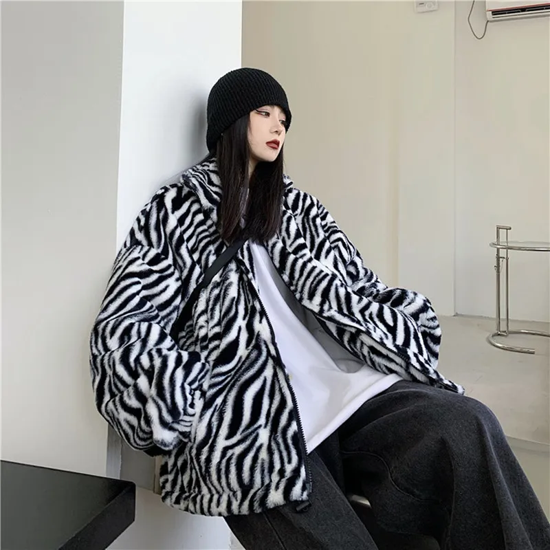 

Autumn And Winter Cotton Clothing 2022 New Vintage Zebra Pattern Thick Plush Velvet Loose Zipper Stand Collar Coat Women'S Jacke