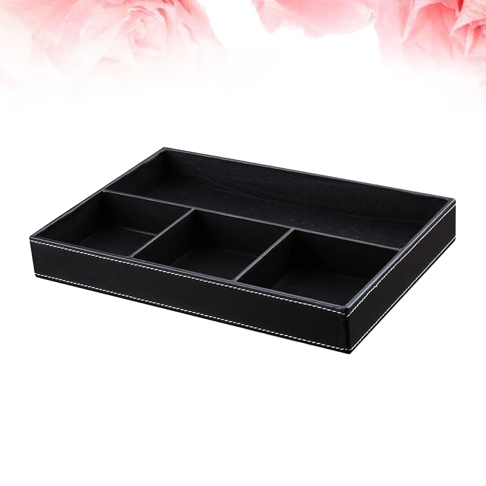 

Коробка для хранения из искусственной кожи, черный, 4 отделения, практичный многофункциональный органайзер для ювелирных изделий, очков, настольный чехол