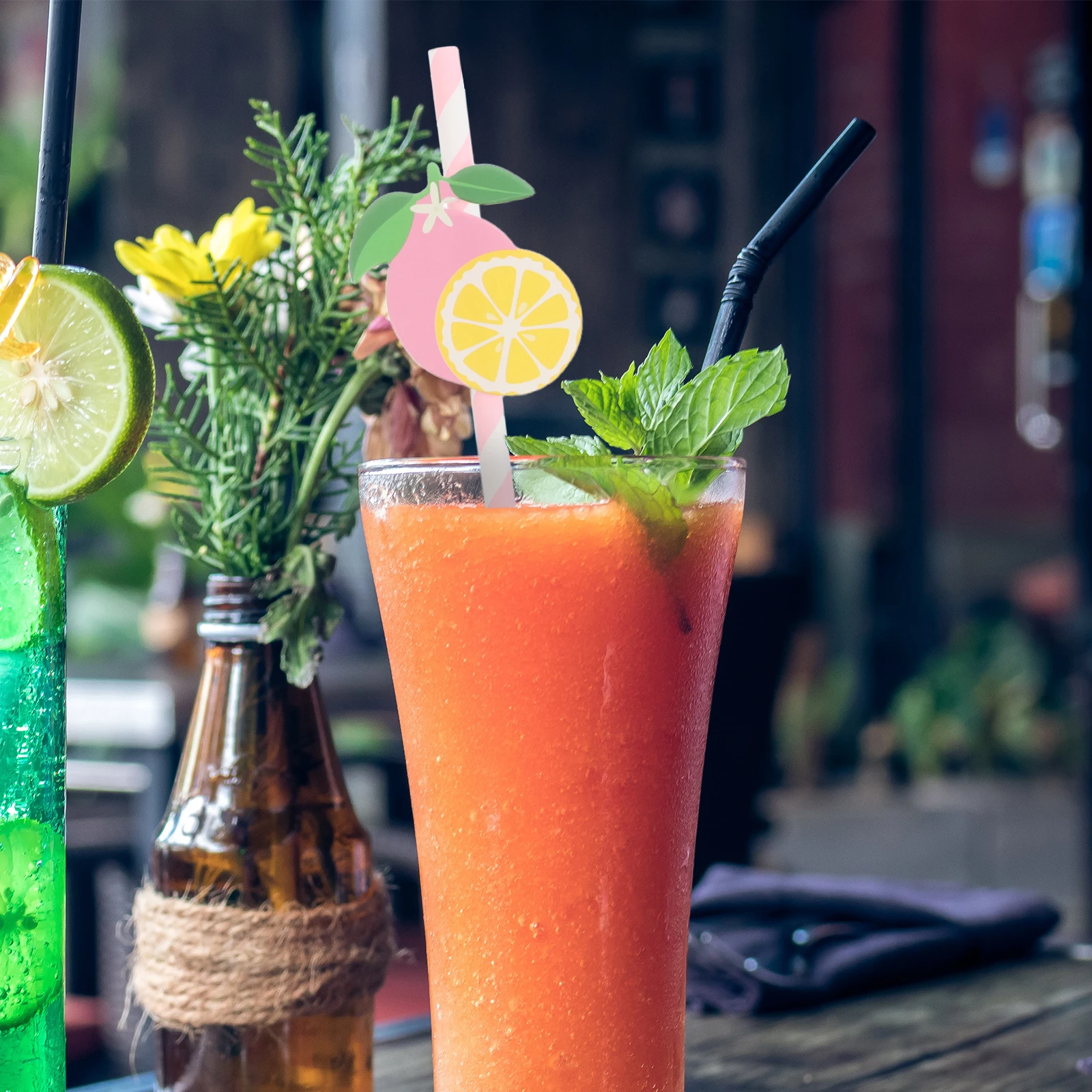 

50Pcs Creative Lemon Straws Paper Drinking Straws Set for Party Juice Cocktail Decoration Cute Fruit Patterned Disposable Straw