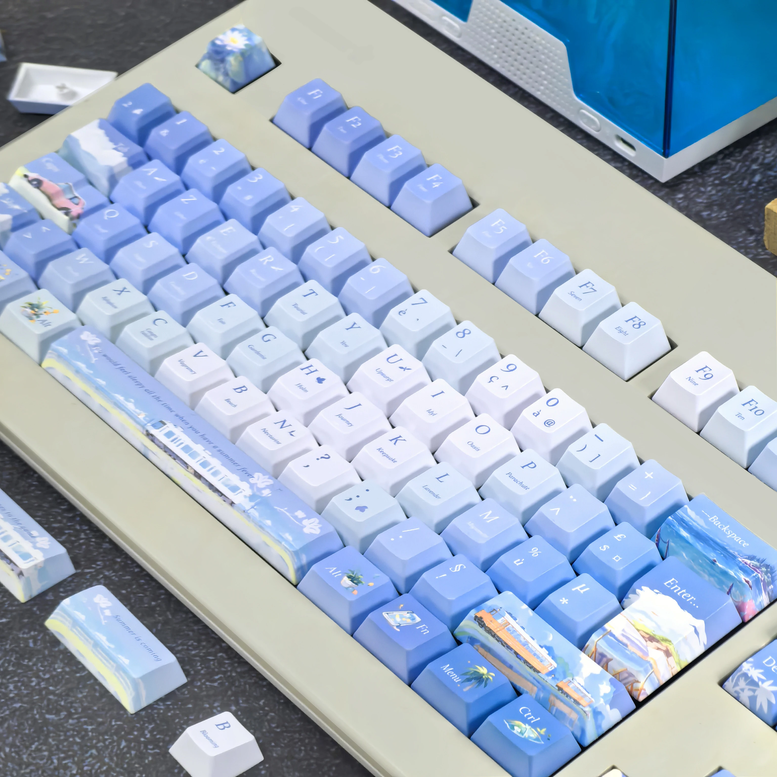 Teclas francesas Iso Azerty, cereza azul Pbt 2,25/2,75U, barra espacial, diseño Alice, teclas que persian el tema fresco del verano