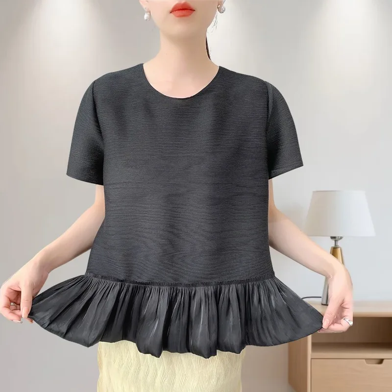 

Miyake 2025 Summer Pleated Tops Women's Comfortable Casual Loose T-shirt Round Neck Short Sleeve Thin Simple Commuter Clothing