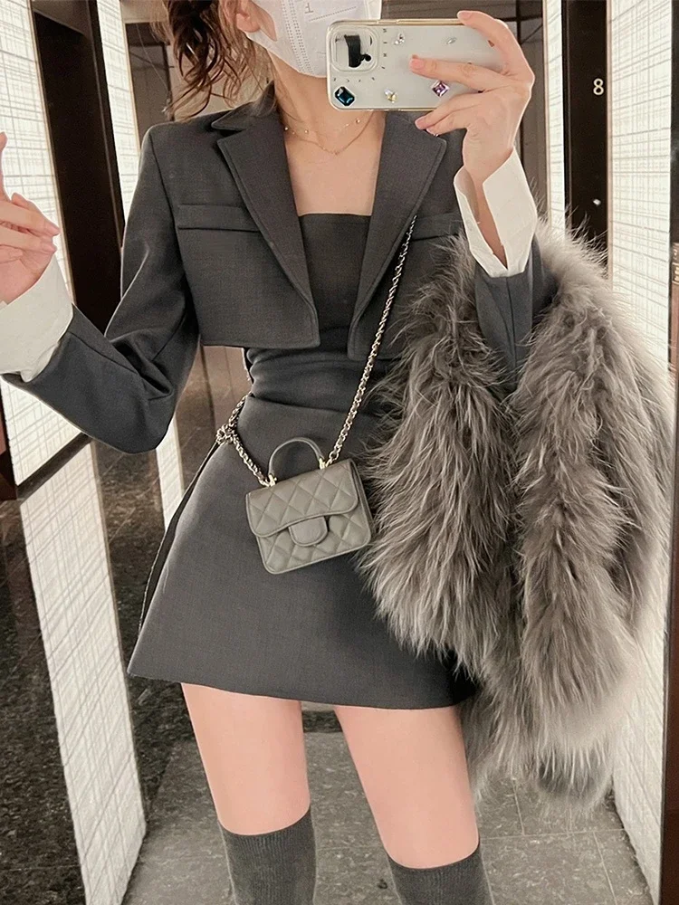 Winter black two piece dress set women blazer coat strap dress set female casual Korean fashion slim elegant dress suit 2022 New