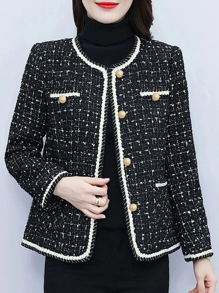 

Women Tweed Jacket Elegant O-Neck Short Coat Vintage Long Sleeve Button Jacket Autumn Winter Office Lady Coat