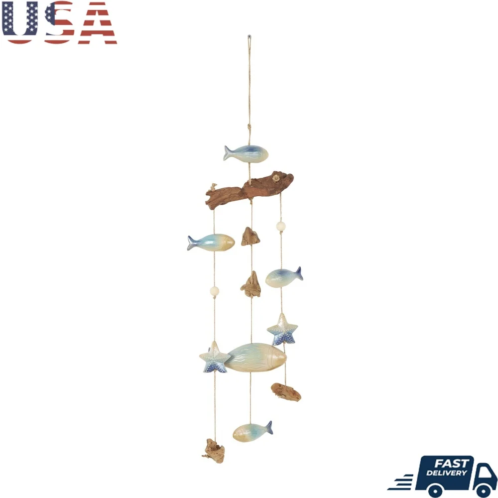 

40 Inch Brown Ceramic Fish Windchime with Driftwood and Wooden Beads Indoor Outdoor Decor Coastal Home Accent