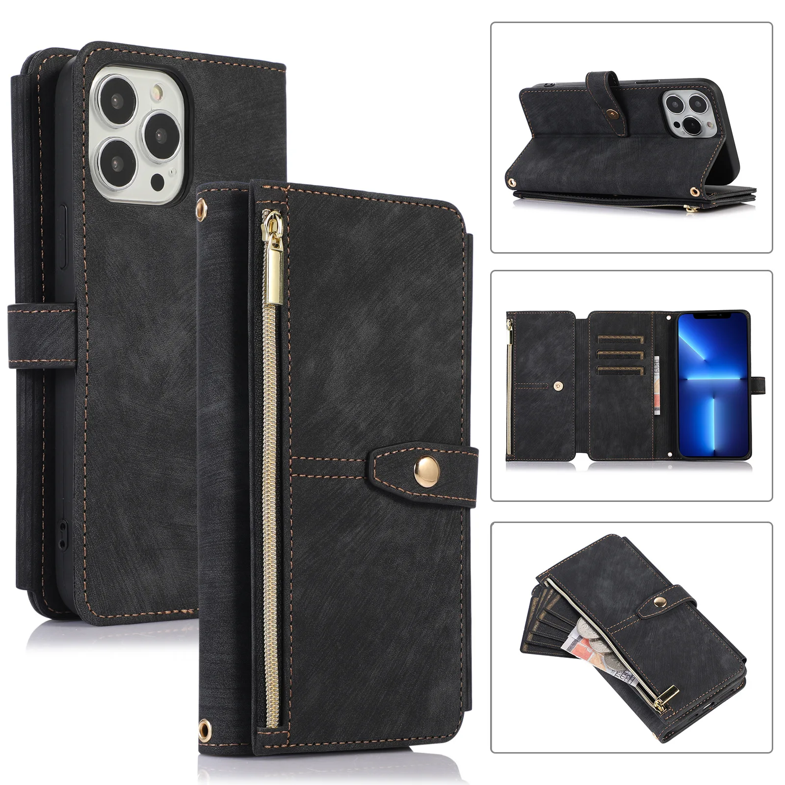 

Zipper Wallet Phone Case for iPhone 16 Pro Max 14 13 12 11 15 Pro Max 15 Plus 16 Pro Hand Strap Flip Leather Card Pocket Cover