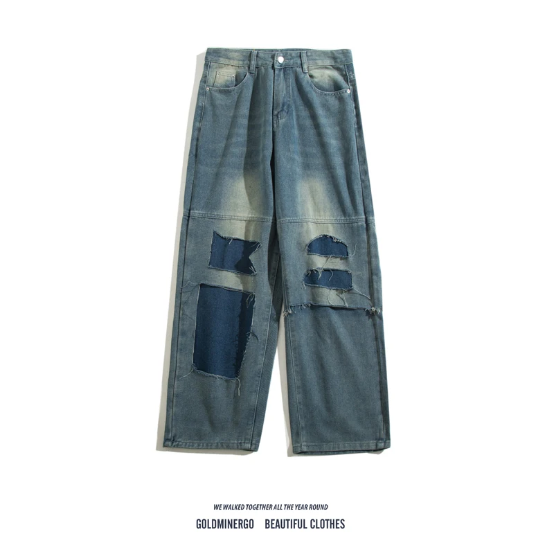 

Retro Waed Denim Jeans Men's Women's Wide Leg Long Pants Casual Loose Fit Torn Hole Patchwork Color Blo Trendy Brand