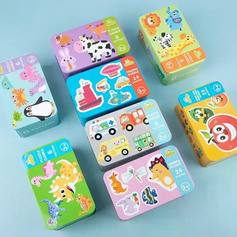 مجموعة ألعاب تعليمية مونتيسوري 6 في 1 صندوق حديد خشبي بازل قطع لوح لعبة كرتونية سيارة حيوان تحت عنوان للأطفال