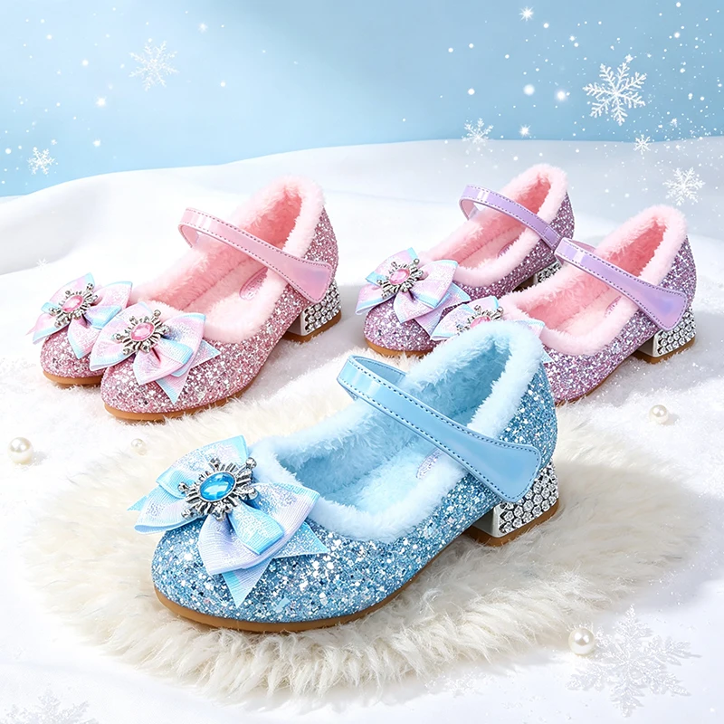 Winter Plush Girls Sparkling Glitter Princess High‑Heeled Mary Jane Shiny Crystal Shoes Festival Children Party Performance Shoe