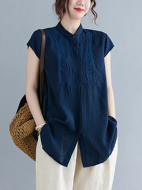 

Женская летняя рубашка с цветочной вышивкой, свободного кроя, с коротким рукавом, больших размеров, с воротником, повседневная, универсальная, стройнящая