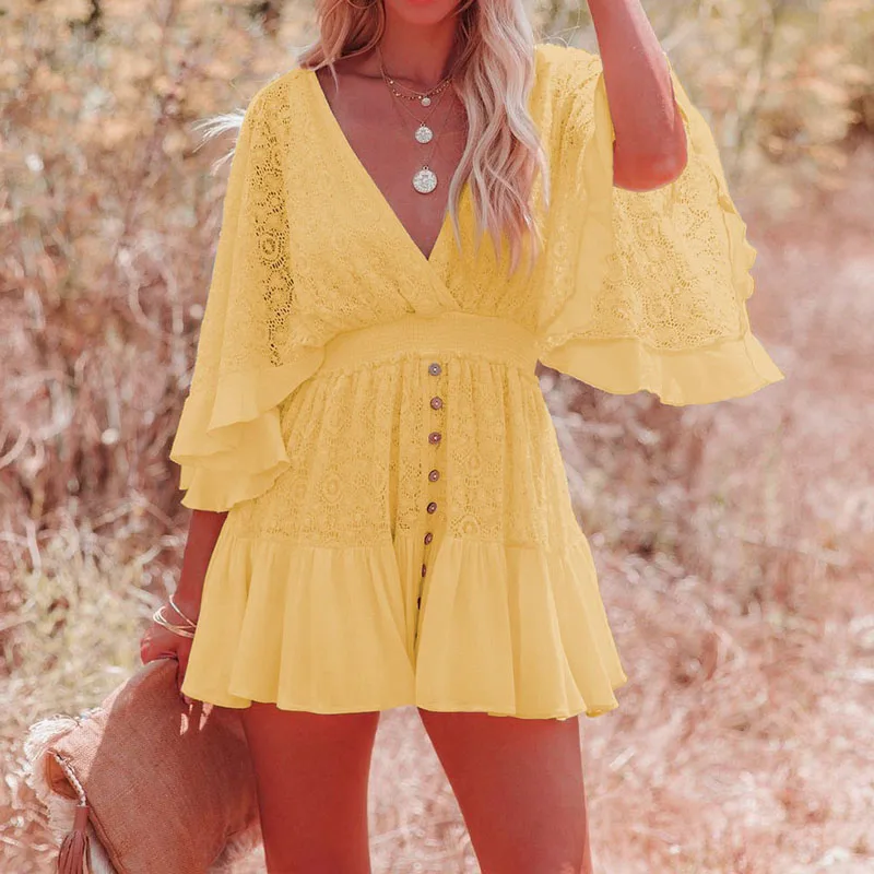 Boho Women's Summer Lace Mini Dress Sexy Backless Deep V Neck Bikini Cover-Ups Beach Sundress Casual Half Sleeves Short Dresses