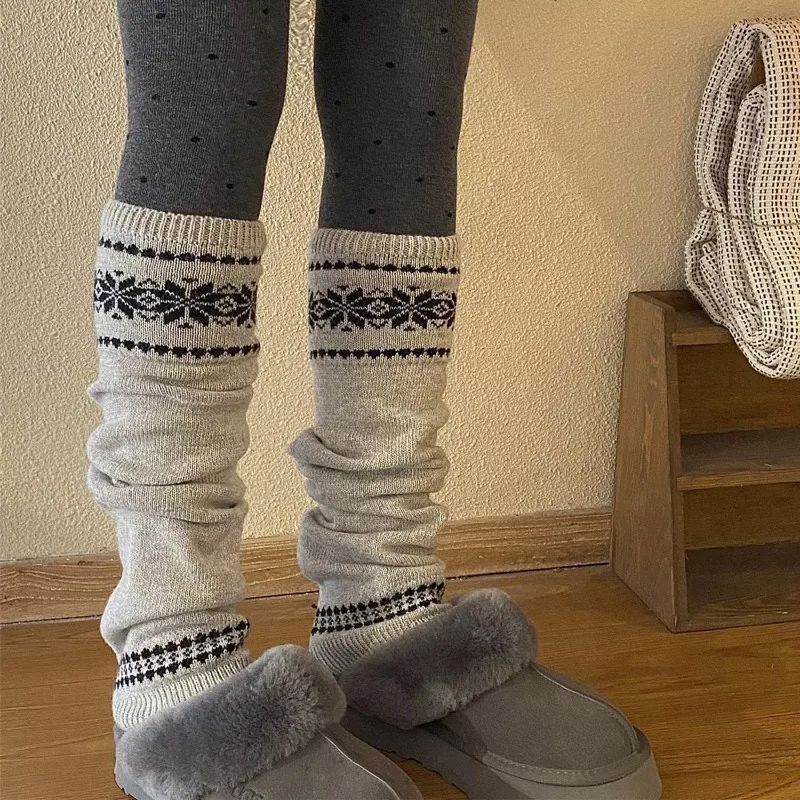 Vintage Wool Y2k Knitted Leg Covers Cuff Socks Women Long Leg Socks Fair Isle Snowflake Slouchy Socks Winter Warm Boot Covers