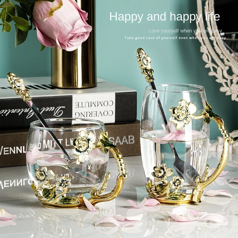 Hand-made Enamel Coffee Mug Crystal Cup Milk Lemon Flower Tea Cup High-grade Glass Drinkware Gift Couple Mug for Lover Wedding