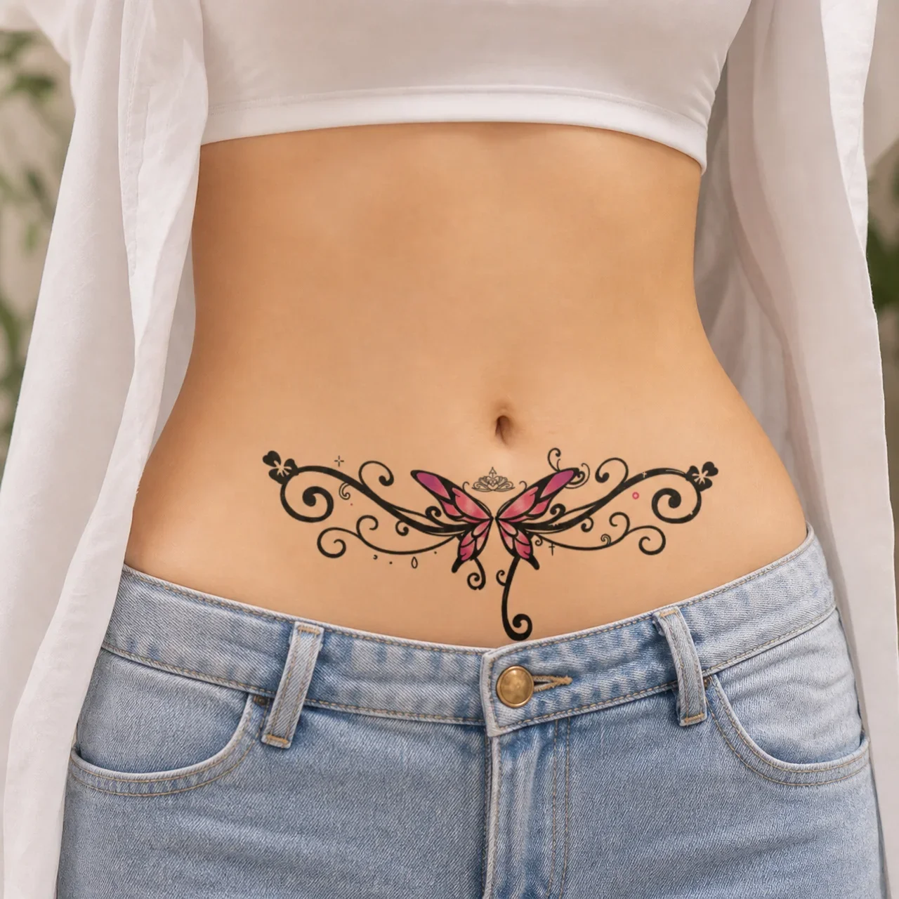 Butterfly Vine Belly Temporary Tattoo Sticker, Waterproof Disposable Body Art Decal