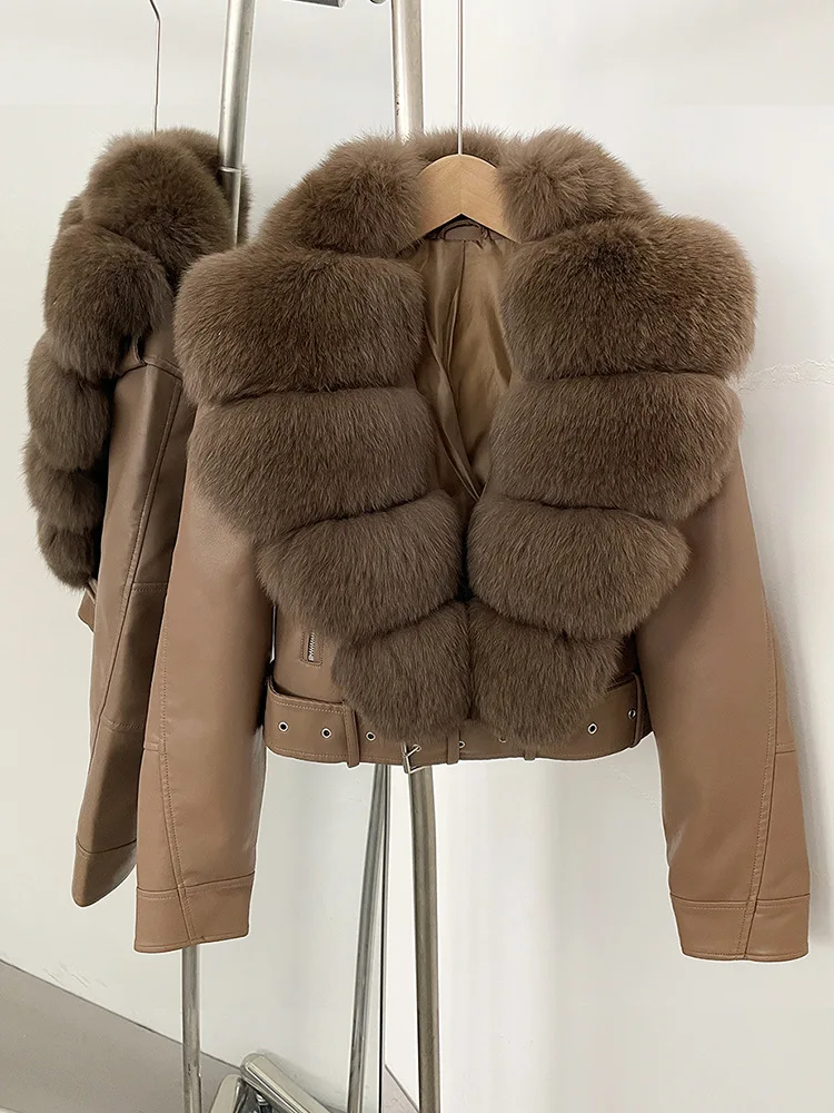 Elegant Faux Leather Jacket Female New Natural Fox Fur Autumn Short Top Clothing PU Women Long Sleeve Fake Leather Real Fur Coat