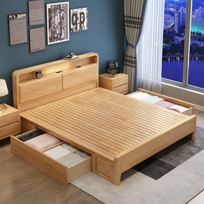 Double solid wood bed with night light 1.8 meters soft and hard USB charging bed 1.5m master bed