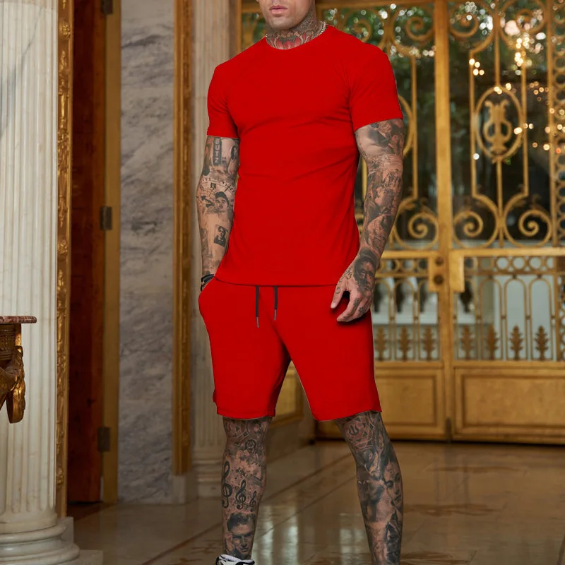 

2026 Summer New Men Solid Color Round Neck Short Sleeve Set Outdoor Sports Fitness Breathable Quick Drying Two Piece Set