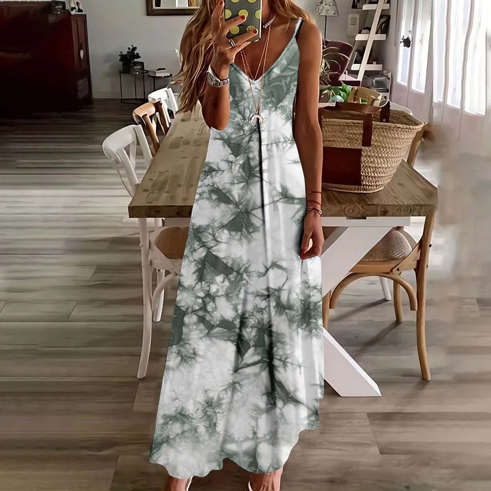 2024 Elegant Tie-dye Print Spaghetti Strap Maxi Dress Women's Sexy Sleevesless Beach Dress Famale Daily Casual Slip Long Skirt