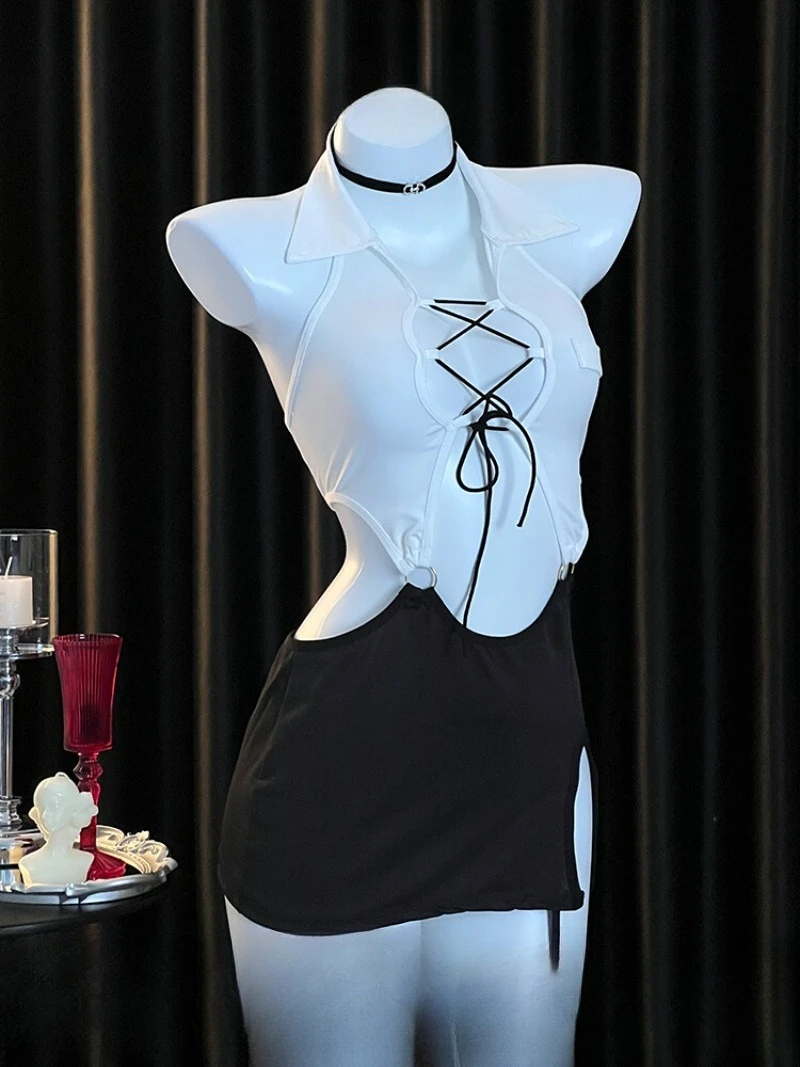 Office Secretary Style Bodycon Dress for Women,Sexy Lace-up Cutout Uniform,Pure Desire Temptation Outfit,Romantic OL Roleplay