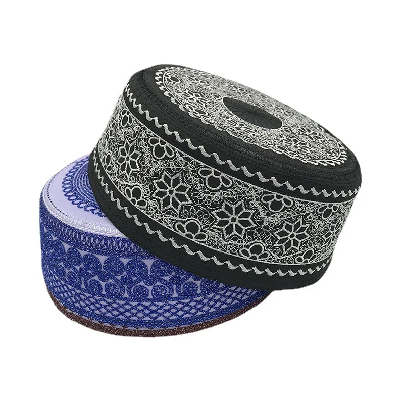 Produk pajak topi pria Muslim Turki topi doa Saudi hitam dengan bordir putih Yarmulke topi datar Islami Yahudi