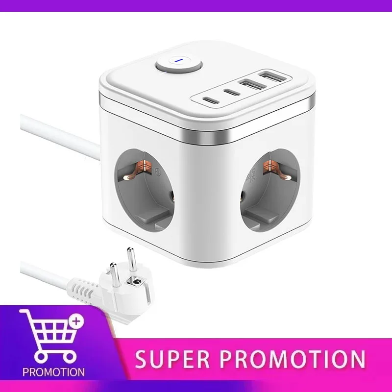 

Плоская вилка европейского стандарта, 3680 Вт, куб с 3 розетками переменного тока, 2 USB 2 типа C, адаптер для быстрой зарядки, настенная розетка, кабель 2 м для дома