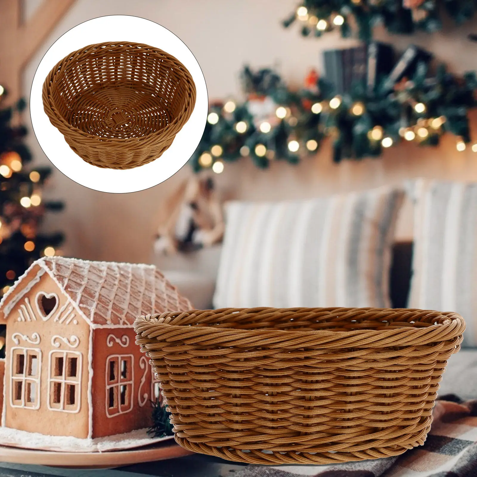 

1 шт. Корзина для хранения в ретро-стиле, имитация натурального ротанга, плетеная, для хлеба и продуктов, многофункциональный бытовой контейнер