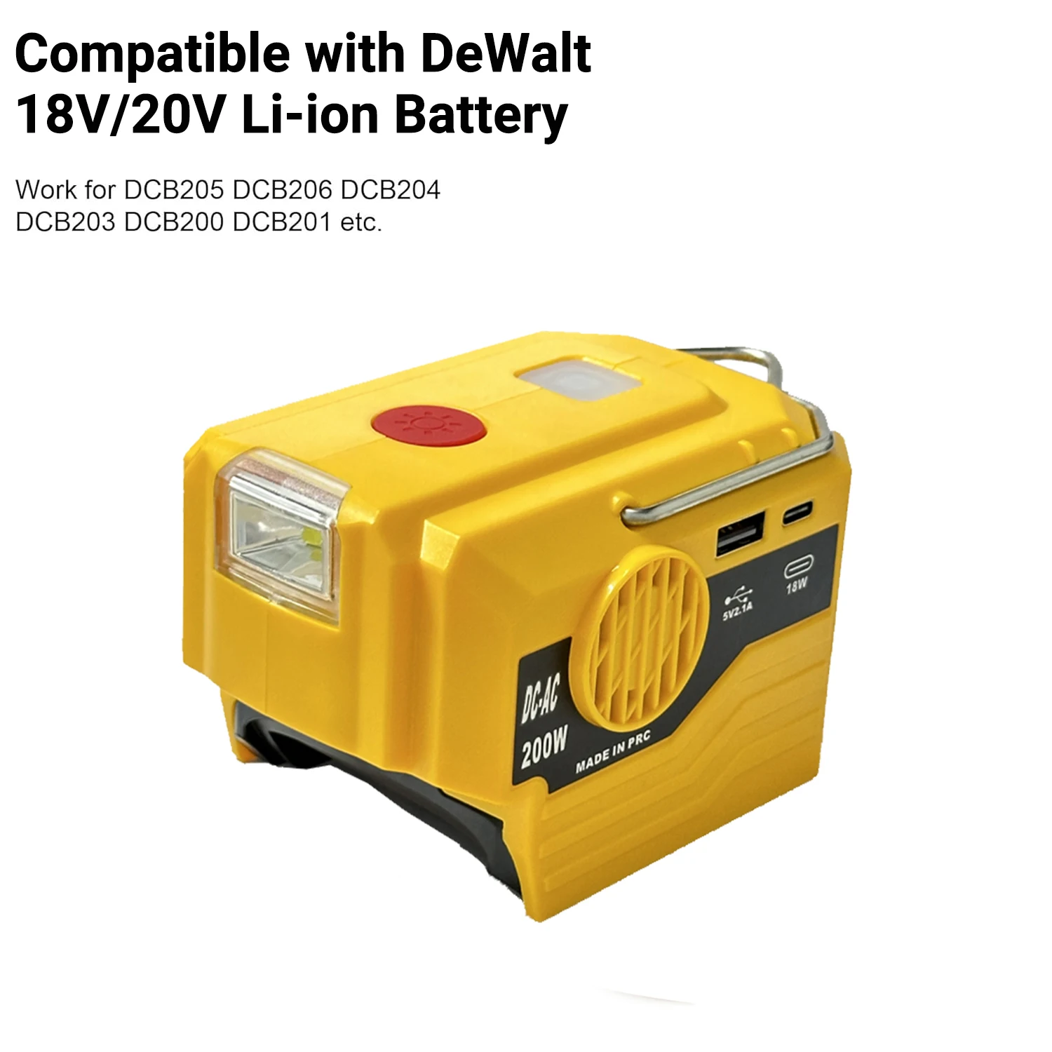 200W Power Inverter with LED Work Light for Dewalt 20V 18V Li-ion Battery,DC 20V To AC 110V/220V Modified Sine Wave Inverter