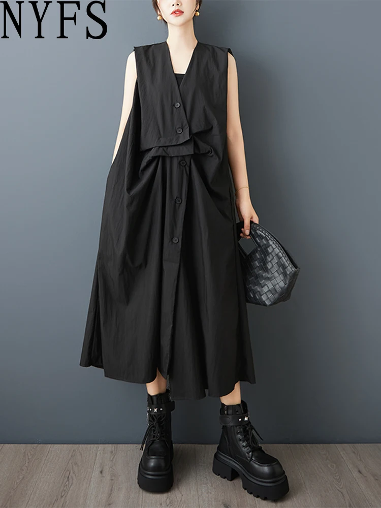 NYFS 2025 Estate Nuovo Allentato plus Size Vintage camicia senza maniche Abito Abito da donna con scollo a V irregolare
