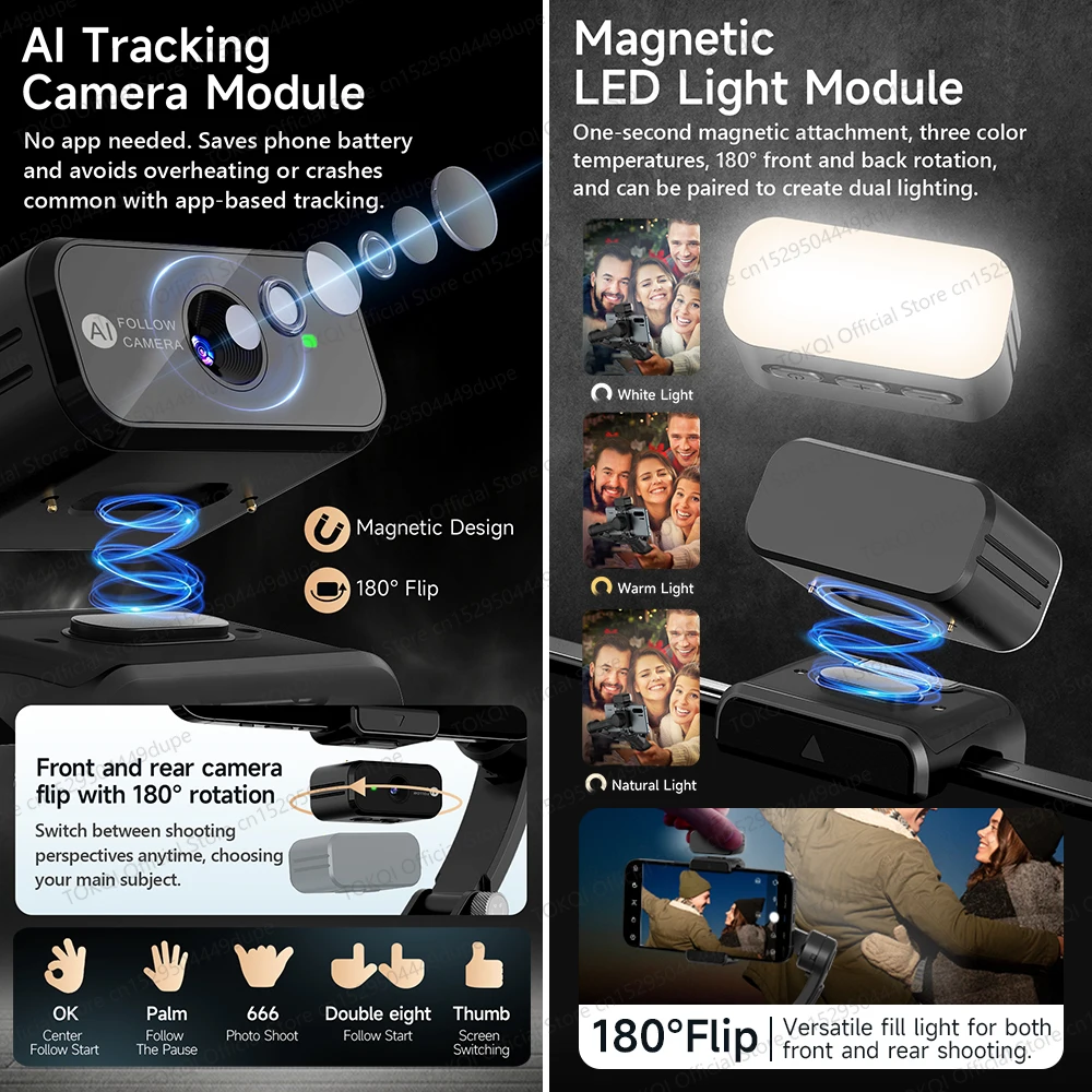 TOKQI M05 يده Gimbal 3-Axis مثبت الهاتف المحمول المدمج في قضيب تليسكوبي مع جهاز تحكم عن بعد لاسلكي للهواتف اطلاق النار مدونة فيديو