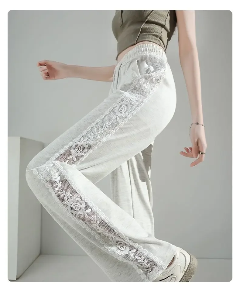 Y2K อเมริกันสีเทาฤดูร้อนบางขากว้างผู้หญิง Lace Spliced Hollow กางเกงขากว้างแฟชั่นกีฬา Breathable ครีมกันแดดกางเกง