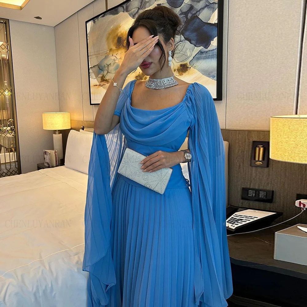 Chiffon O-Neck Formal Occasion Dresses 2023 Full Sleeves Simple Party Dress Ankle-Length Pleat Evening Gowns فساتين حفلات