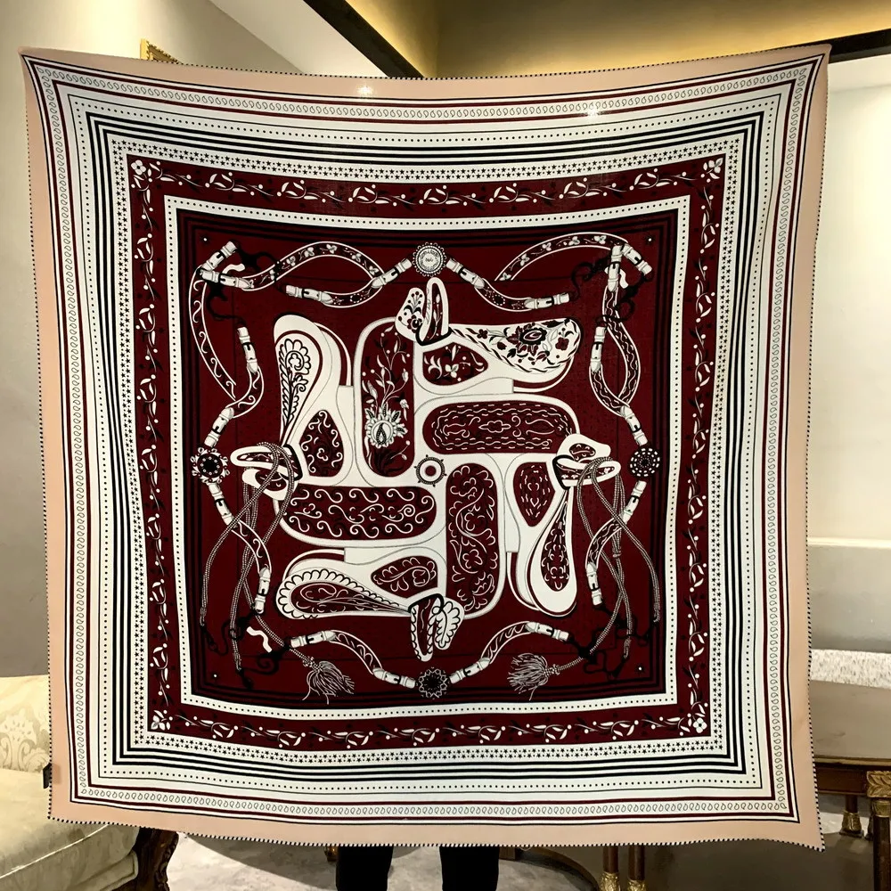 High-end Elegant Women's Fine Festive Celebration Double-sided Print High-quality Silk Wool Hand-rolled Large Square Scarf Shawl
