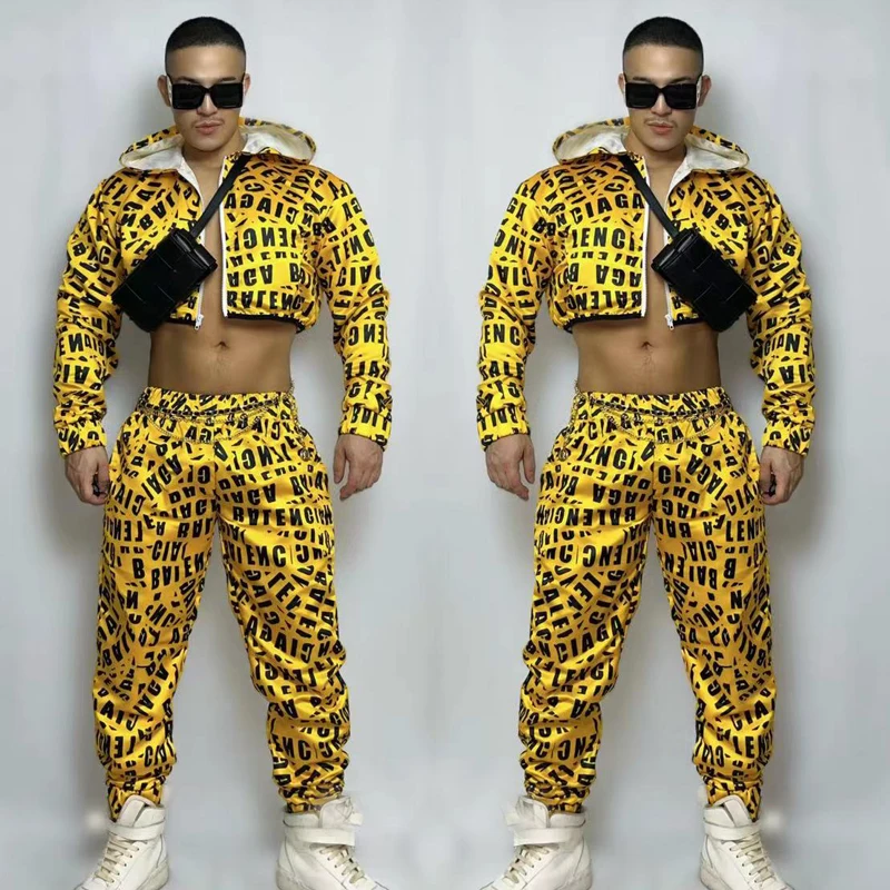 Hip-Hop Yellow Short Coat Pants For Men Nightclub Dj Ds Performance Wear Stage Show Jazz Dancer Costume Rave Outfits XS4232