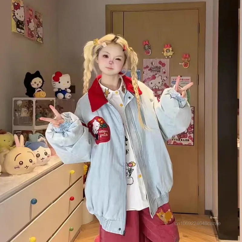 Sanrio Hello Kitty American Style Cartoon Embroidered Denim Cotton Jacket Men Women Winter Loose Couple Coat Trend Casual Jacket