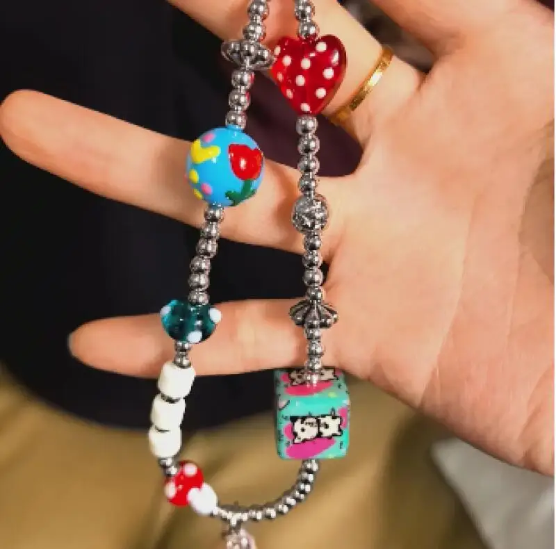 Sanrio Summer Vacation Style Black Skin Hello Kitty Sweet Cool Beaded Phone Chain Cartoon Ccd Lanyard Bag Pendant Gifts - view 5
