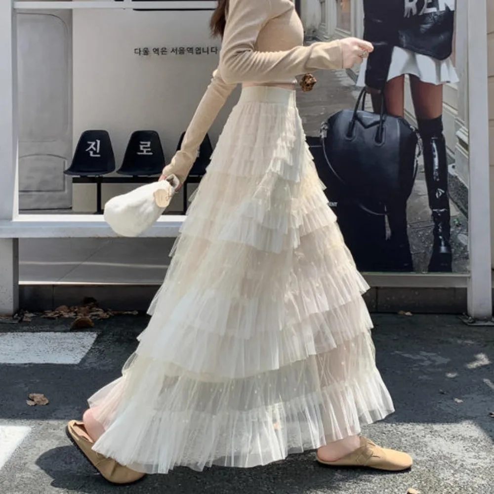 

Корейская мода, осень-зима, элегантная сетчатая юбка-тортик, женские длинные юбки трапециевидной формы из тюля с высокой талией 2025, длинные юбки миди
