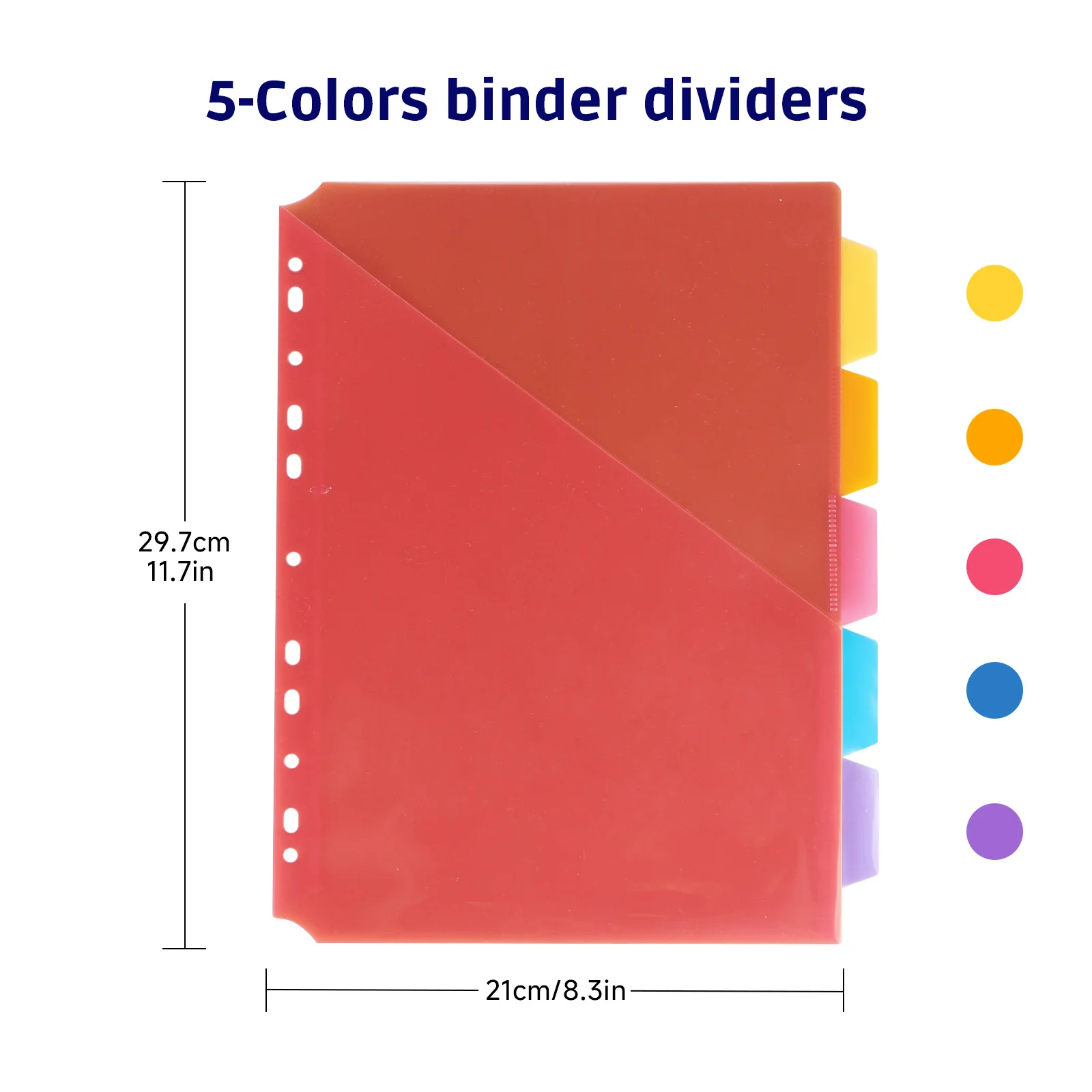 10-Pack 5 Color Binder Dividers with Pockets & Tabs, A4 PP Index Dividers for 2/3/4/11 Ring Binders, Office School Organization