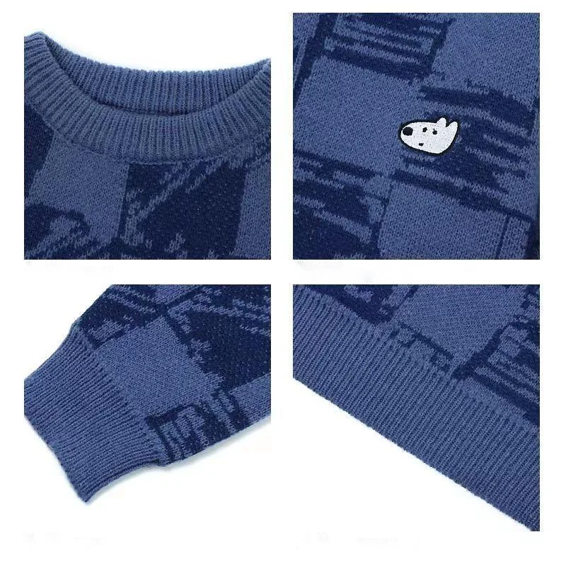 Retro Plaid graffiti Sweater Winter Men Cartoon Embroidery Harajuku Knit Pullover Jumper Oversize Y2k Vintage Women Knitwears