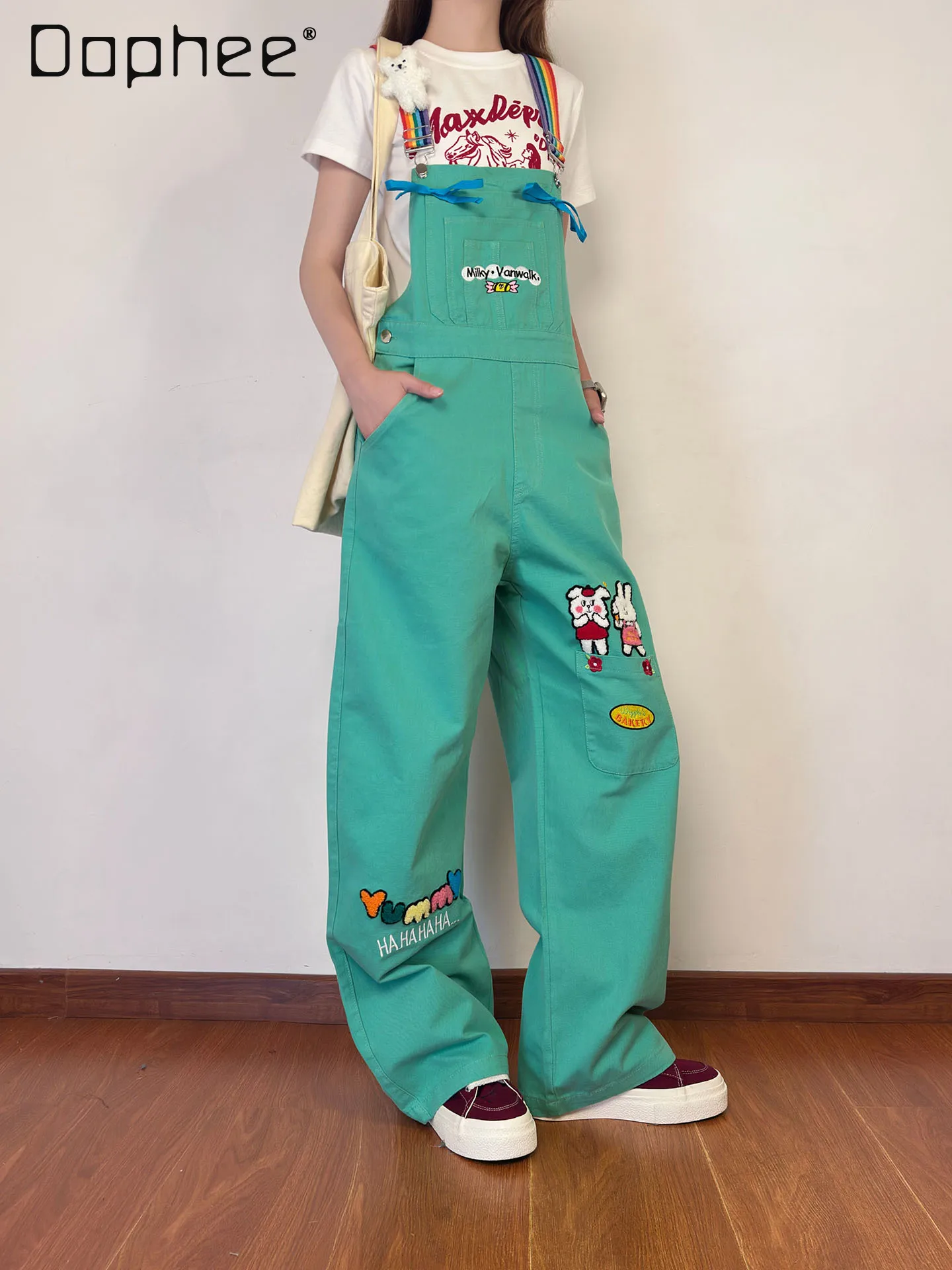 

Summer College Style Casual Overalls Women's 2025 New Loose Cartoon Embroidered Straight Jumpsuit Green Wide Leg Pants