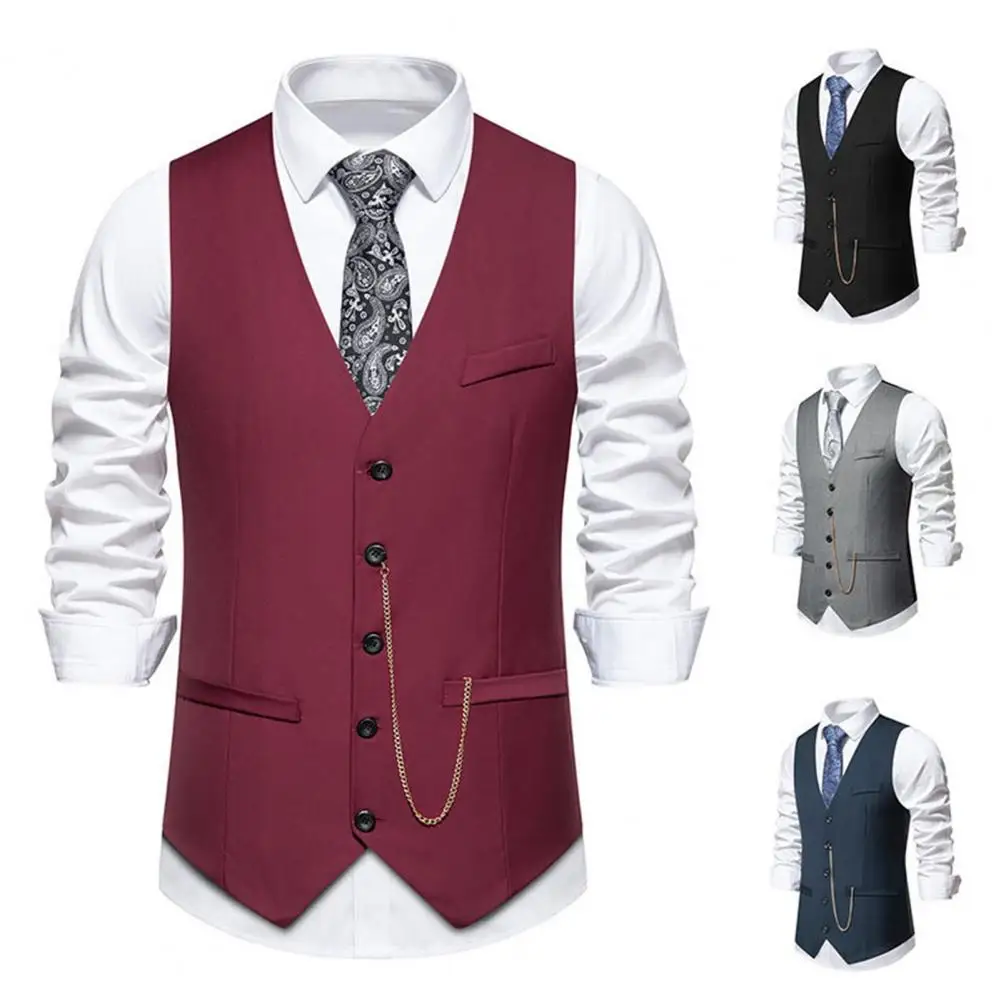 

Men Suit Vest Elegant Men's V-neck Waistcoat with Chain Detail for Wedding Party Slim Fit Suit Vest Coat for Spring Events Solid