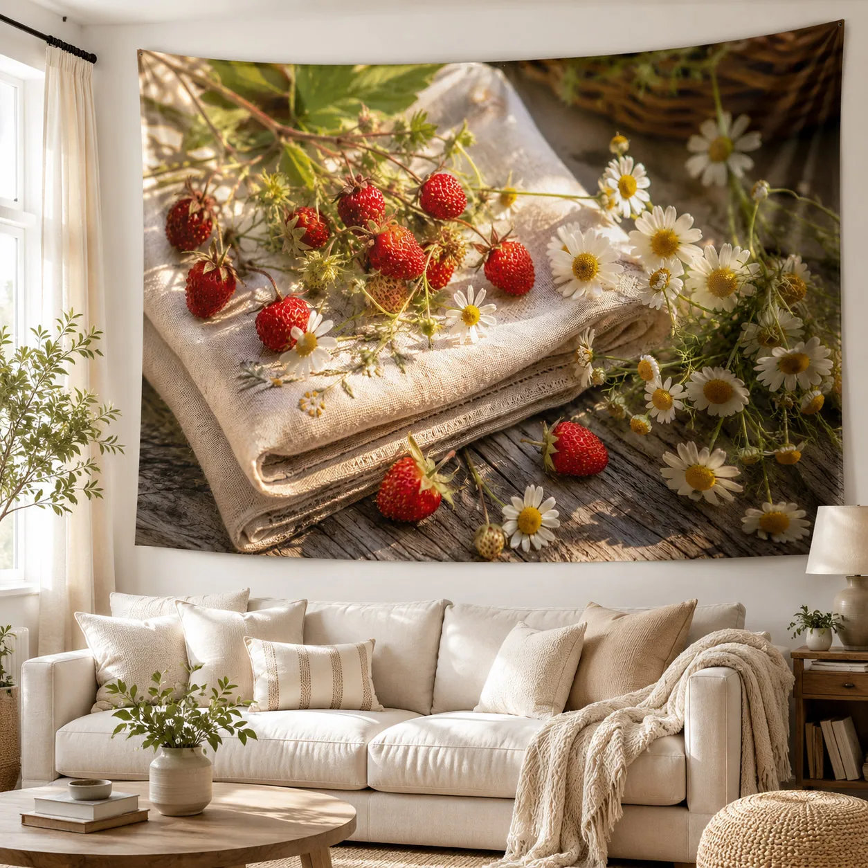 

Cottagecore Strawberry Tapestry Wall Art Vintage Daisy Floral Woven Blanket Cute Room Decor Aesthetic Apartment Backdrop
